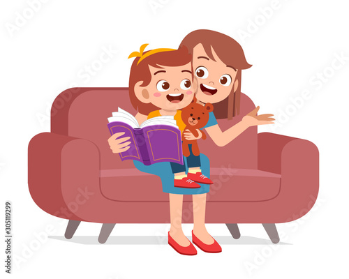 happy cute kid girl read book with mom
