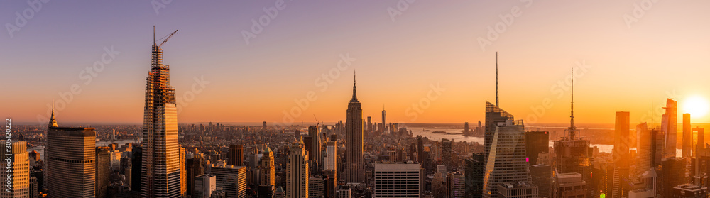 Amazing panorama view of New York city skyscraper during sunset. Stunning view in Manhattan