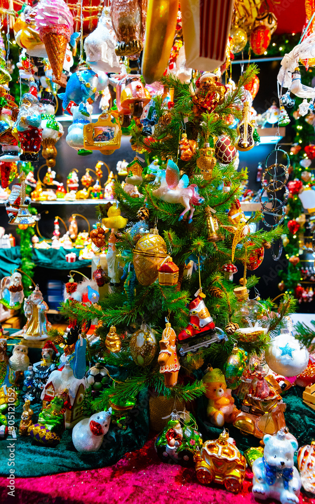 Christmas Tree Decoration on Christmas Market at Gendarmenmarkt in Winter Berlin, Germany. Advent Fair Decoration, and Stalls with Crafts Items in Bazaar. Made of glass