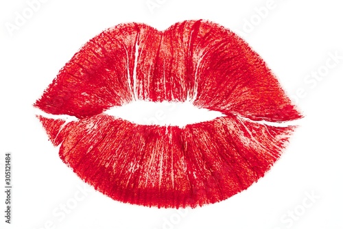 Photo Imprint or print of red lipstick on a white background, isolated