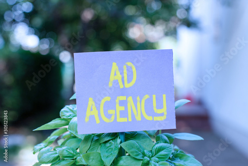 Handwriting text Ad Agency. Conceptual photo business dedicated to creating planning and handling advertising Plain empty paper attached to a stick and placed in the green leafy plants © Artur