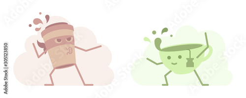 Paper cup coffee versus cup of tea cartoon characters 
