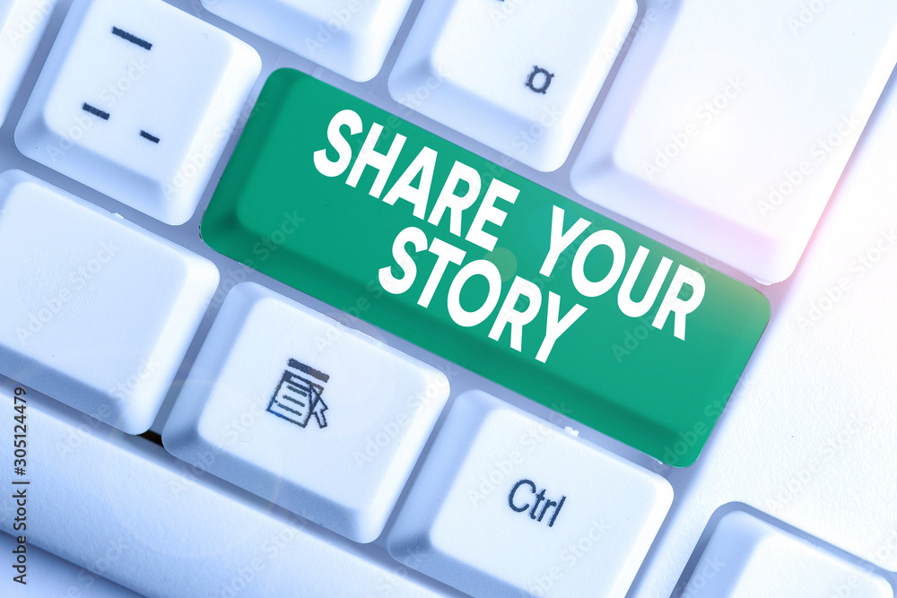 Writing note showing Share Your Story. Business concept for asking someone to about himself write life Biography White pc keyboard with note paper above the white background Writing note showing Share Your Story. Business concept for asking someone to about himself write life Biography White pc keyboard with note paper above the white background