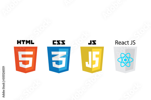 vector collection of web development shield signs: html5, css3, javascript and react.	
