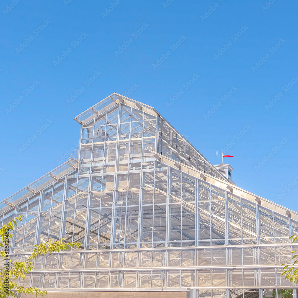 Square frame Exterior of a greenhouse with roof made of glass panels against blue sky