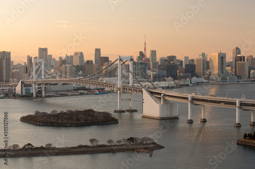 Sunset view of Tokyo Bay , Rainbow bridge and Tokyo Tower landmark