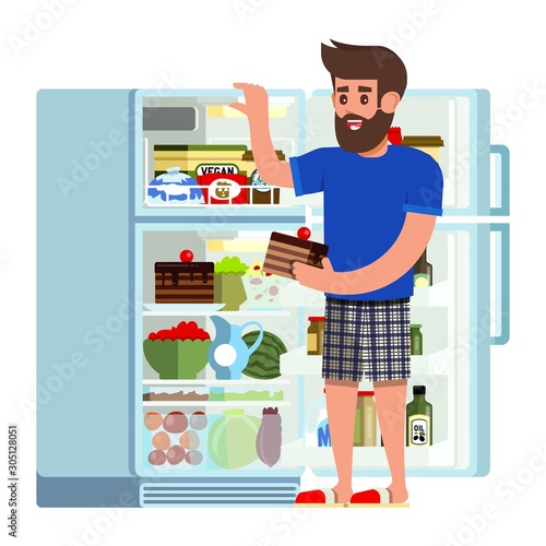 Man stands by the fridge chooses food. Modern flat style thin line vector illustration isolated on white background.