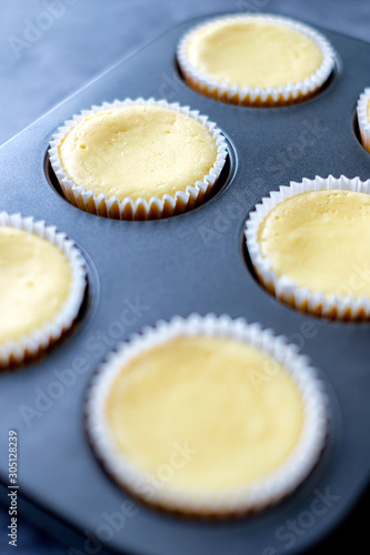 Mini Cheesecakes Recipe on 6 muffin liners in a muffin pan .after entering the oven.