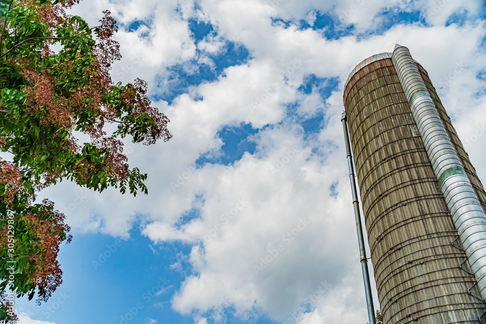 Amish silo and tree against the sky, field agriculture in Lancaster, PA US