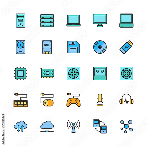 Set of Computer Components Color Line Icons. Server, Laptop, Monitor and more.
