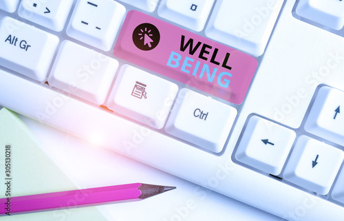 Conceptual hand writing showing Well Being. Concept meaning A good or satisfactory condition of existence including health White pc keyboard with note paper above the white background