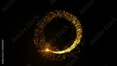 Golden glitter circle frame with sparkling light. Shining Christmas gold particles and sparkles ring on black background. Luxury magic festive effect with bokeh and glow. 3D Dust trail in Ultra HD 4K