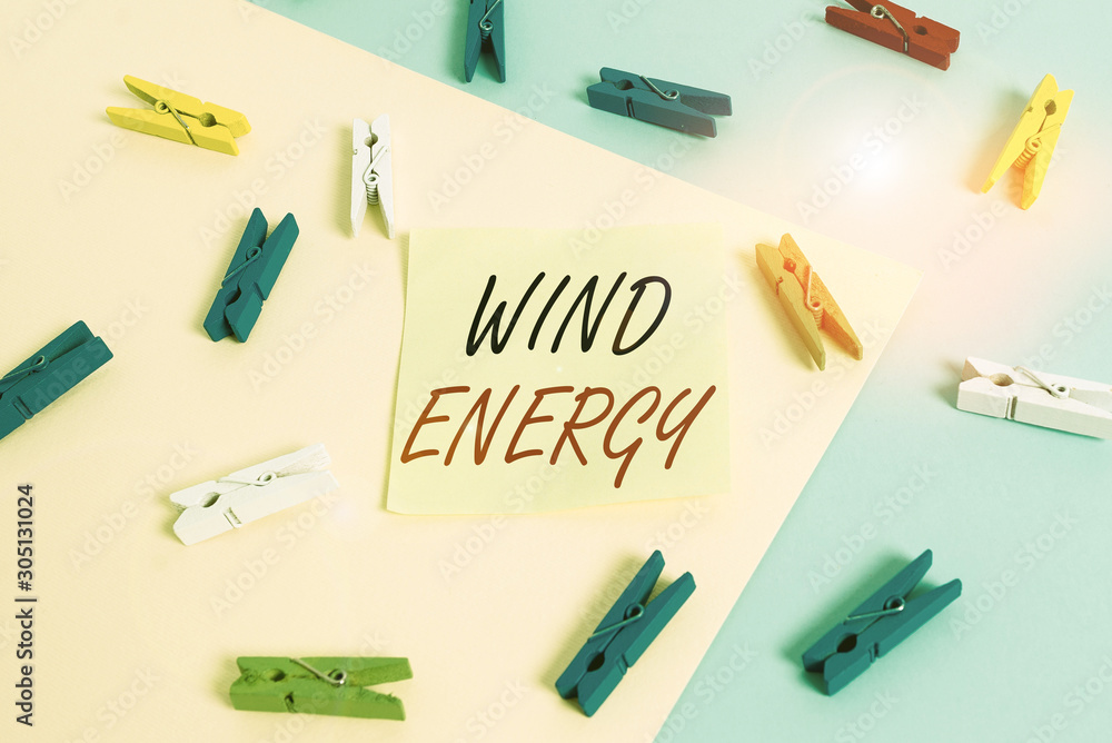 Word writing text Wind Energy. Business photo showcasing the process by which wind is used to generate electricity Colored clothespin paper empty reminder yellow blue floor background office Word writing text Wind Energy. Business photo showcasing the process by which wind is used to generate electricity Colored clothespin paper empty reminder yellow blue floor background office