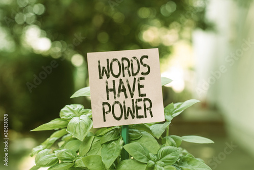 Text sign showing Words Have Power. Business photo showcasing Energy Ability to heal help hinder humble and humiliate Plain empty paper attached to a stick and placed in the green leafy plants © Artur