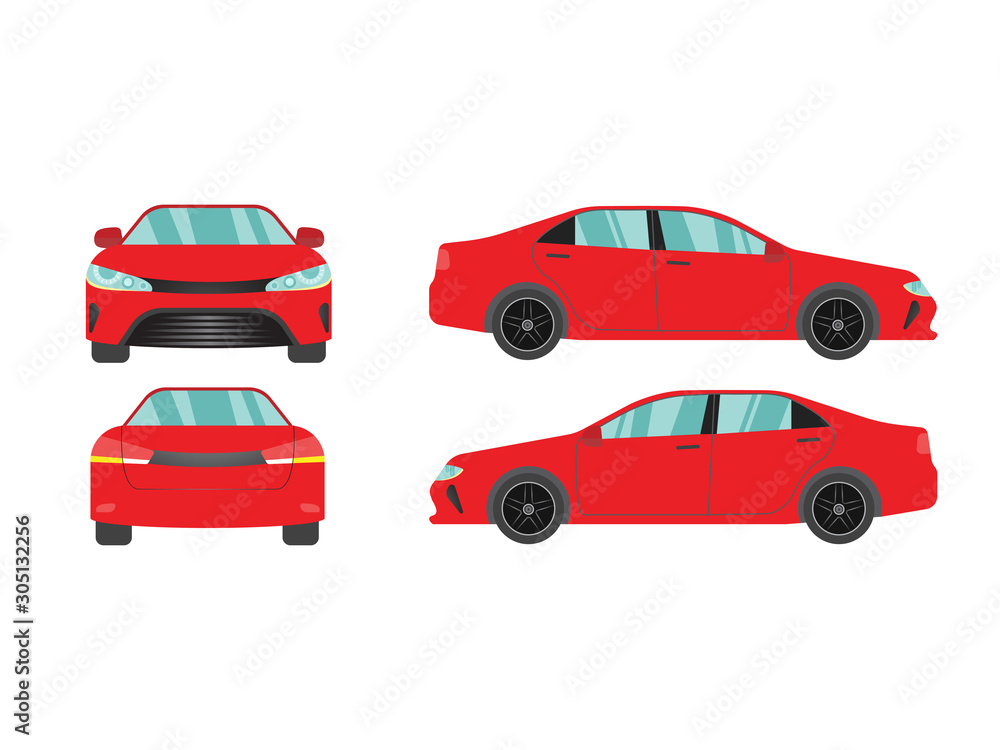 Set of red sedan car view on white background,illustration vector,Side, front, back Set of red sedan car view on white background,illustration vector,Side, front, back