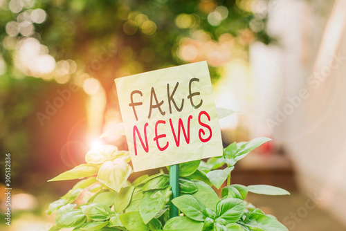 Text sign showing Fake News. Business photo text Giving information to showing that is not true by the media Plain empty paper attached to a stick and placed in the green leafy plants © Artur