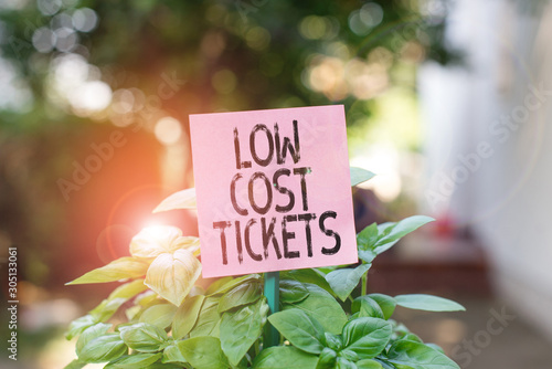 Text sign showing Low Cost Tickets. Business photo showcasing small paper bought to provide access to service or show Plain empty paper attached to a stick and placed in the green leafy plants