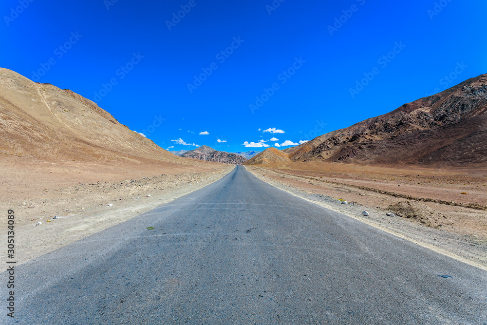 Asphalt Road View with Rocky Himalayan Mountains in Leh Ladakh, India
