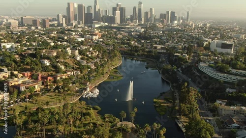 Wallpaper Mural Los Angeles Downtown Sunset Skyline From Echo Park Lake Aerial Shot Forward Tilt Up Torontodigital.ca