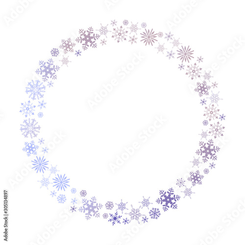 Round frame of snowflakes isolated on a white background. Vector graphics.