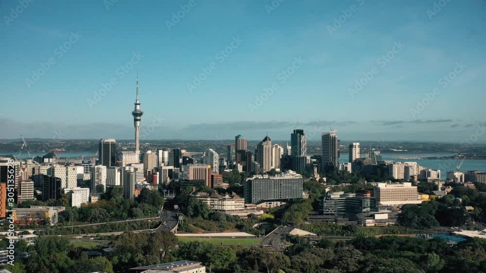 New Zealand tourism. Auckland CBD in early spring morning. Aerial footage. New Zealand tourism. Auckland CBD in early spring morning. Aerial footage.