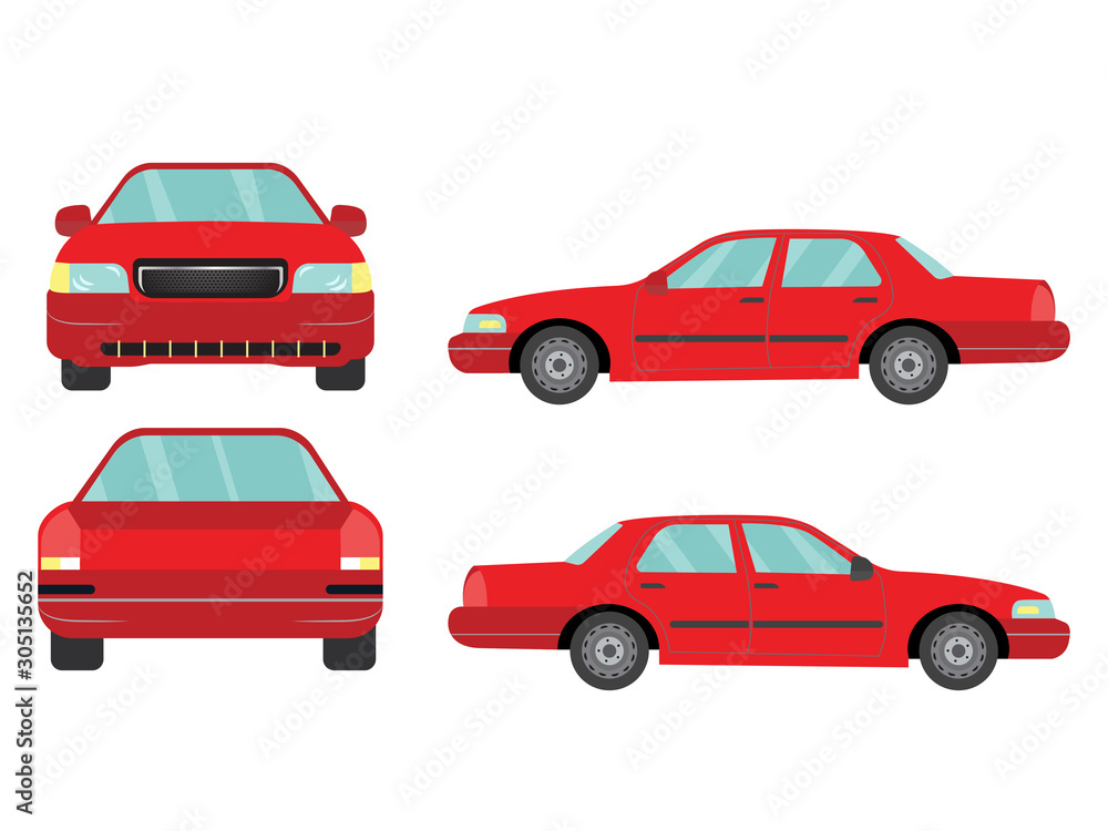 Set of red sedan car view on white background,illustration vector,Side, front, back
