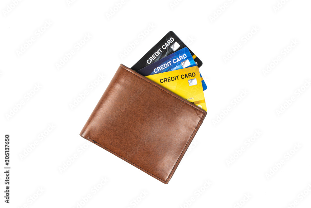 Wallet is made of brown leather and credit card isolated on white background Wallet is made of brown leather and credit card isolated on white background