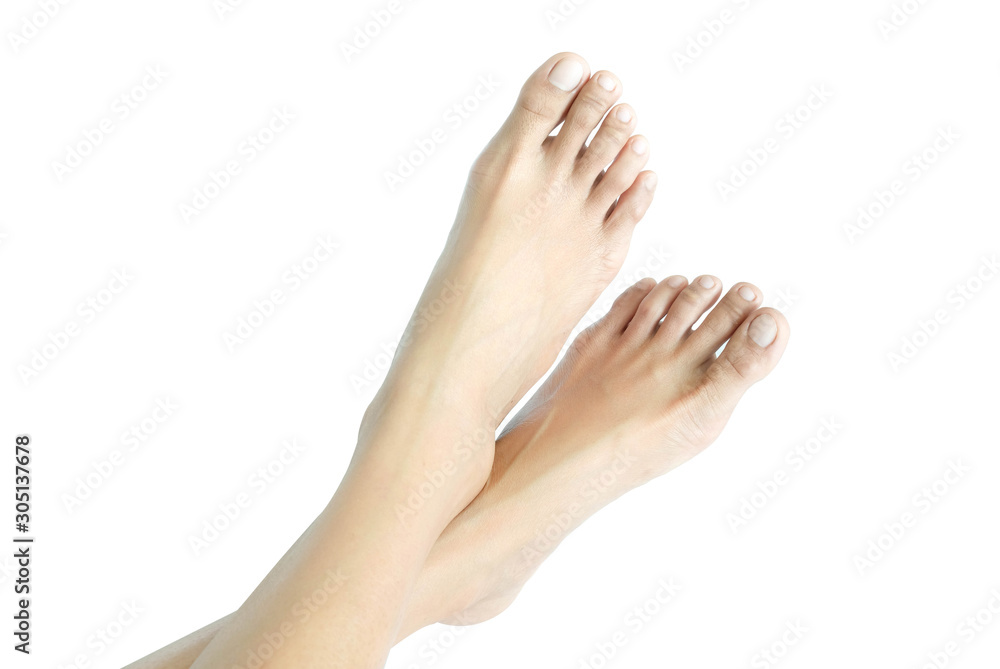 Beautiful female legs and feet on a white background. Concept beauty and hydration of the skin.