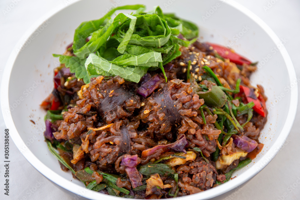 Stir-fried spicy Korean blood sausage which is called Sundae in Korea