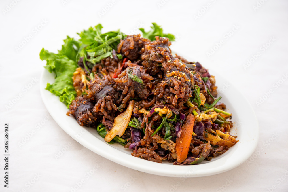 Stir-fried spicy Korean blood sausage which is called Sundae in Korea Stir-fried spicy Korean blood sausage which is called Sundae in Korea