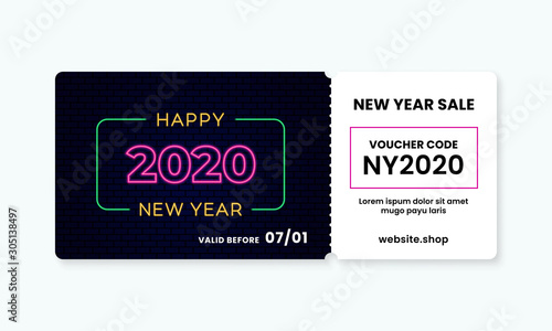 Neon style Happy New Year 2020 voucher gift template vector design with coupon code for shop discount promotion event