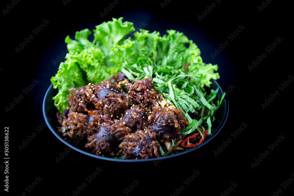 Stir-fried spicy Korean blood sausage which is called Sundae in Korea