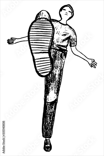 A young man with aggressive stepping on something, steps from the bottom on a white background. Outline hand drawn vector illustration