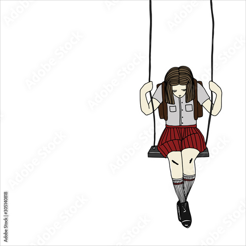 Sad lonely girl sits on swing alone. Hand drawn simple vector illustration with text stop bullying. Social problems of humanity