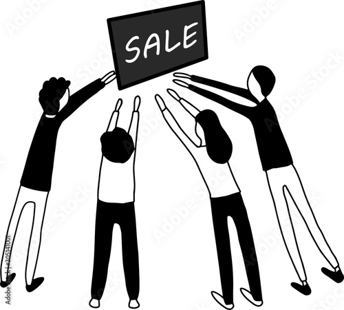 Customer management. Motivate people. Sale sign on big TV plasma, customers pulling hands wanting to get for bait. Vector illustration simple design. Concept of Motivation people on black friday