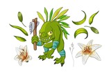 Cartoon angry toothed sea creature character with floral environment