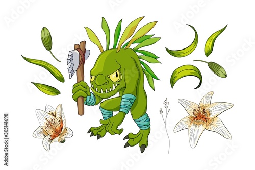 Cartoon angry toothed sea creature character with floral environment