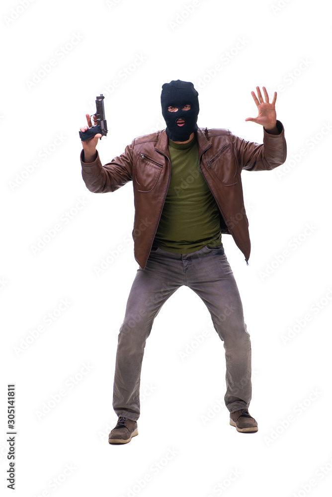 Robber wearing balaclava isolated on white background Robber wearing balaclava isolated on white background