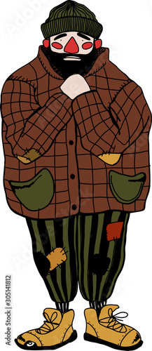 hand drawn vector homeless man frozen. Concept outline illustration