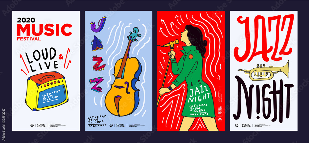 Music Festival Illustration Design for Jazz, Rock, Metal, Blues, Punk, and Live Music Concert 2020. Vector Illustration Collage of Music Festival Poster, Banner, Background and Wallpaper in eps 10. Music Festival Illustration Design for Jazz, Rock, Metal, Blues, Punk, and Live Music Concert 2020. Vector Illustration Collage of Music Festival Poster, Banner, Background and Wallpaper in eps 10.