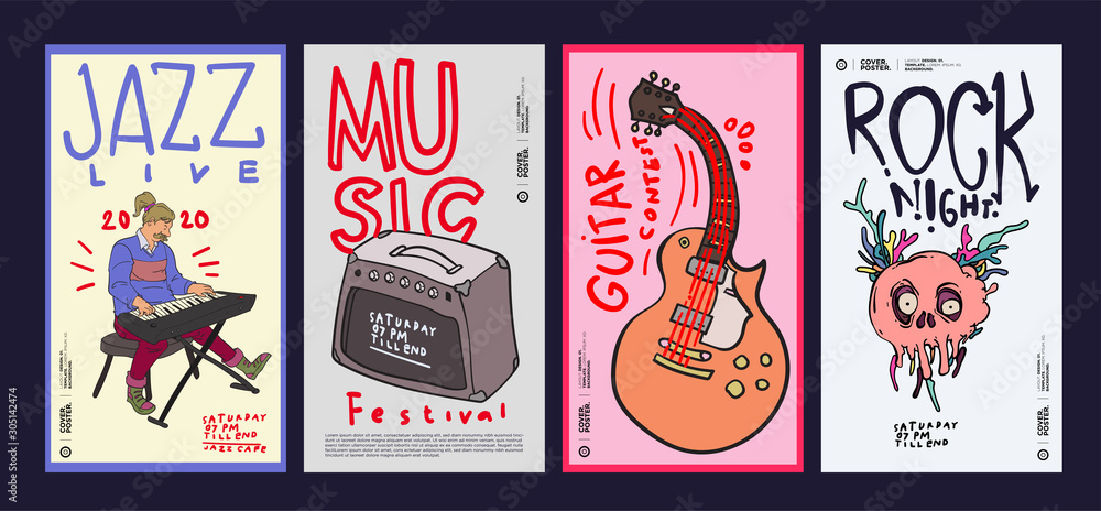 Music Festival Illustration Design for Jazz, Rock, Metal, Blues, Punk, and Live Music Concert 2020. Vector Illustration Collage of Music Festival Poster, Banner, Background and Wallpaper in eps 10.
