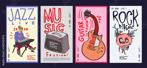 Music Festival Illustration Design for Jazz, Rock, Metal, Blues, Punk, and Live Music Concert 2020. Vector Illustration Collage of Music Festival Poster, Banner, Background and Wallpaper in eps 10.