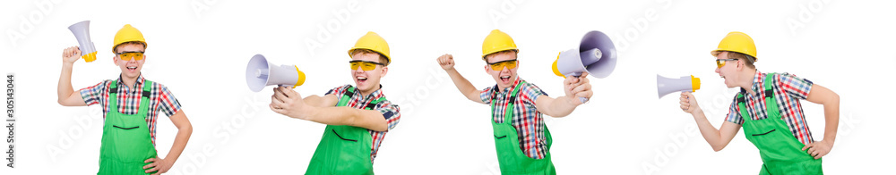 Funny construction worker with loudspeaker on white Funny construction worker with loudspeaker on white