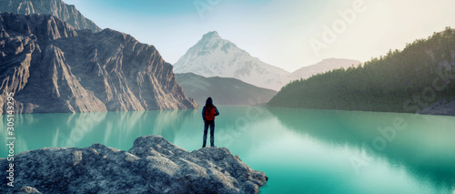 Fotografia traveler lake mountain. This is 3d render illustration