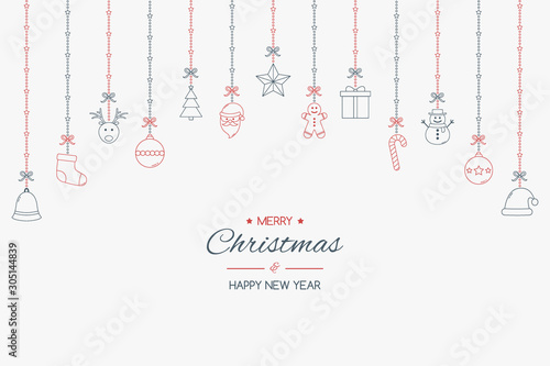 Elegant Christmas greeting card with hanging decorations and wishes. Xmas ornaments. Vector illustration