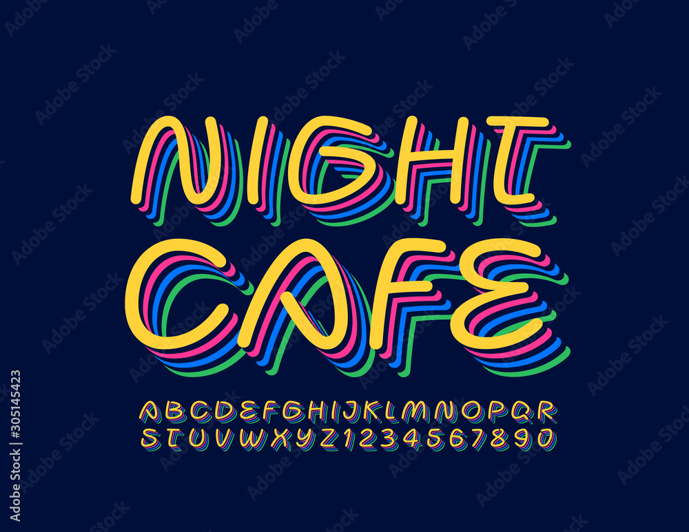 Fototapeta Vector bright creative Sign Night Cafe. 3D Handwritten Font. Colorful Alphabet Letters and Numbers