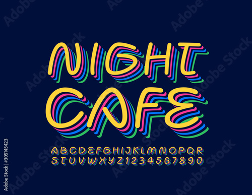 Vector bright creative Sign Night Cafe. 3D Handwritten Font. Colorful Alphabet Letters and Numbers