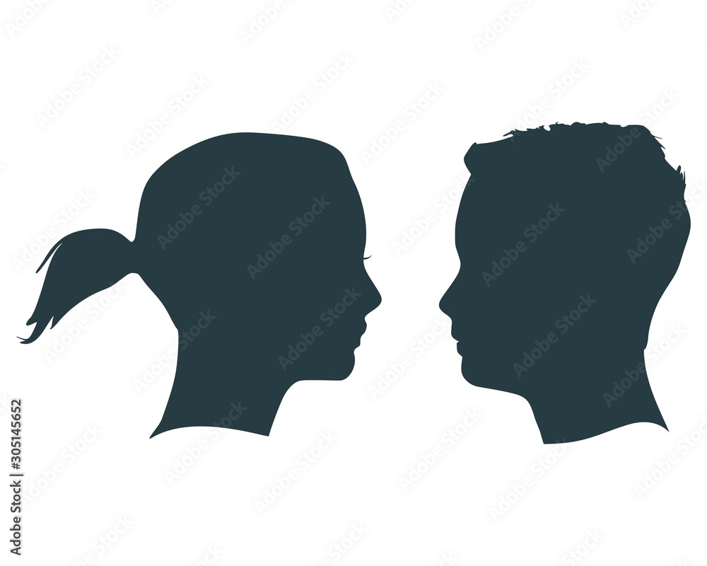 Man and woman silhouettes looking at each other. Happy valentines day and wedding design elements. Side view.