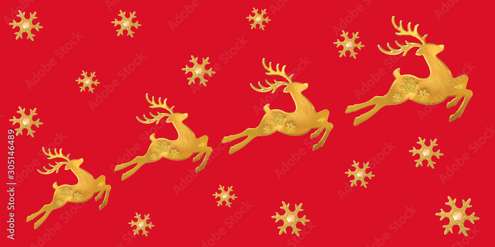Beautiful golden reindeers and snowflake toy isolated on red background, Christmas tree bauble decoration.