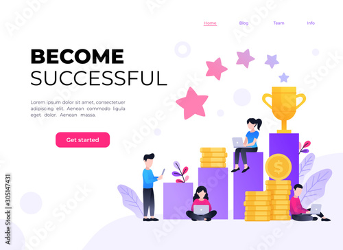 Business achievement flat vector illustration. Small people working on laptops around columns with pile of coins, golden cup and stars. Businessmen rich their goals landing page template